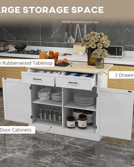 HOMCOM Rolling Kitchen Island with Drop Leaf Wood Breakfast Bar, Farmhouse Kitchen Cart with 2 Drawers, Adjustable Shelves for Dining Room, White - LeafyLoom