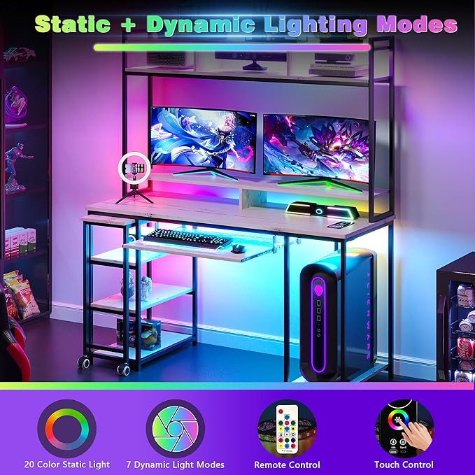 Lvifur RGB Gaming Desk with Wireless Charging Station,7 Dynamic & 24 Static Dimmable Computer Desk with Movable Table, 55'' Home Office Small Desk with Keyboard Tray,Monitor Stand,Display Stand - LeafyLoom