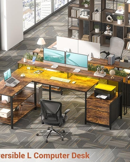 Aheaplus L Shaped Desk with File Drawer, 66" Reversible L Shaped Computer Desk with Power Outlet & LED Strip, Gaming Desk with Monitor Stand, Office Desk Corner Desk with Storage Shelf, Rustic Brown - LeafyLoom