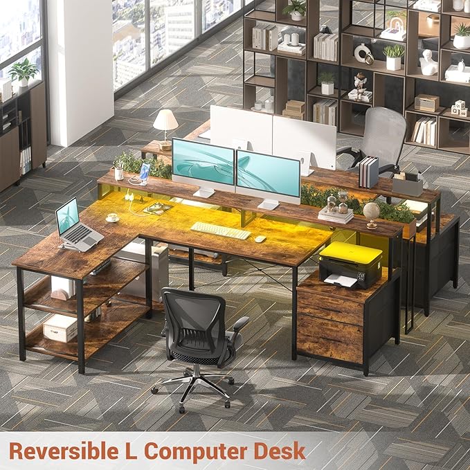 Aheaplus L Shaped Desk with File Drawer, 66" Reversible L Shaped Computer Desk with Power Outlet & LED Strip, Gaming Desk with Monitor Stand, Office Desk Corner Desk with Storage Shelf, Rustic Brown - LeafyLoom