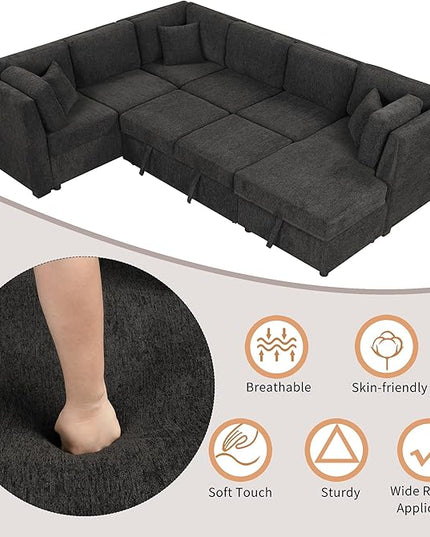 U Shaped Reversible Pull Out Sleeper Sectional Sofa Convertible Corner Couch Bed with Storage Chaise Lounge , 6 Seater Chenille Upholstered Sofa&Couch wth USB Ports, 2 Power Sockets for Living Room - LeafyLoom