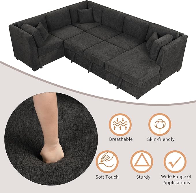U Shaped Reversible Pull Out Sleeper Sectional Sofa Convertible Corner Couch Bed with Storage Chaise Lounge , 6 Seater Chenille Upholstered Sofa&Couch wth USB Ports, 2 Power Sockets for Living Room - LeafyLoom