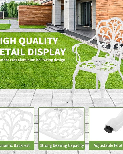 Patio Bistro Set 3 Piece Cast Aluminum Outdoor Bistro Set, Rust Resistance Bistro Table and Chairs of 2 with Umbrella Hole, Small Patio Set for Garden Outside, White - LeafyLoom