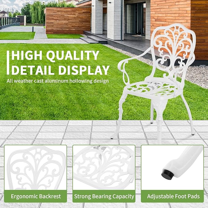 Patio Bistro Set 3 Piece Cast Aluminum Outdoor Bistro Set, Rust Resistance Bistro Table and Chairs of 2 with Umbrella Hole, Small Patio Set for Garden Outside, White - LeafyLoom