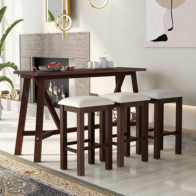 Multipurpose Dining Table Set with 3 Upholstered Stools, Easy to Assemble, Weight Capacity 350 LBS, for Living, Guest Room, Home Bar, Kitchen, Dark Walnut, 4-Piece - LeafyLoom