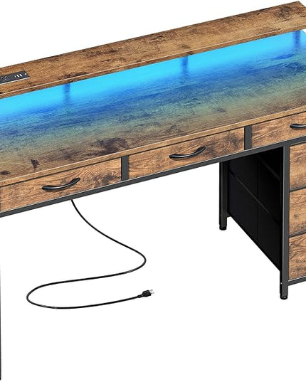 Gaming Desk with 6 Drawers, Computer Desk with LED Lights Power Outlets and Type-C, 47 Inch Office Desk with Storage, Monitor Stand, Writing Desk Work Desk for Home Office, Study, Rustic Brown - LeafyLoom