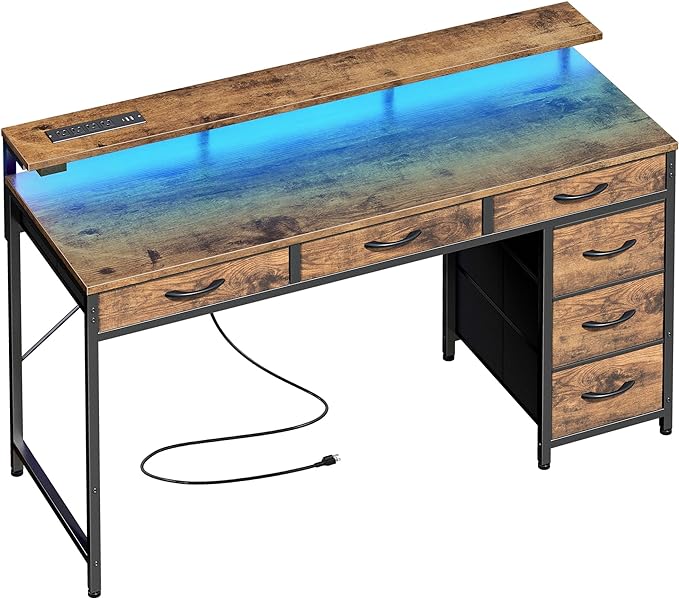 Gaming Desk with 6 Drawers, Computer Desk with LED Lights Power Outlets and Type-C, 47 Inch Office Desk with Storage, Monitor Stand, Writing Desk Work Desk for Home Office, Study, Rustic Brown - LeafyLoom