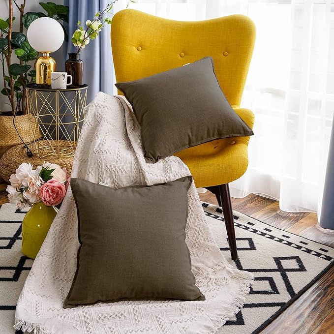 Jeanerlor Pack of 2 24 x 24 Inch Cotton Linen Soft Soild Decorative Square Throw Pillow Covers Green Cushion Case Set for Bedroom/Sofa/Car 60 x 60 cm, Khaki - LeafyLoom