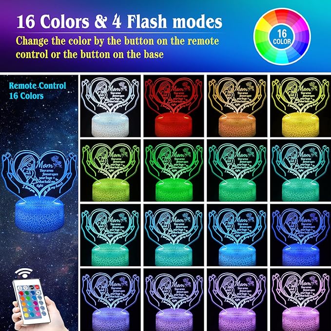 Night Light Gifts for Mom from Daughter Son,3D Illusion Lamp 6 Color Change Decor Lamp with Remote & Smart Touch, Gifts for Mom Birthday Gifts, Mother Gifts - LeafyLoom