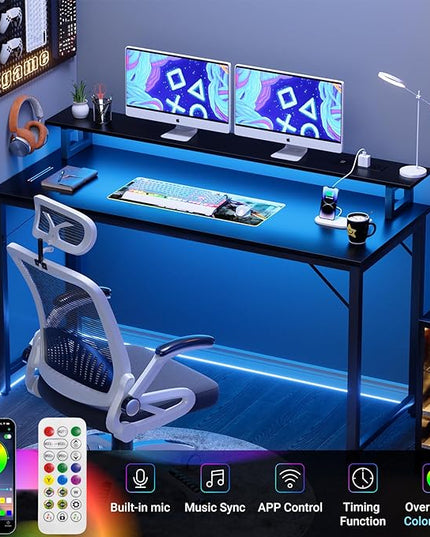 55 inch Computer Desk with Power Outlets, Office Desk Gaming desk with LED Lights, Home Office Desk with Monitor Shelf, Modern Work Desk Study Writing Table for Bedroom, Black - LeafyLoom