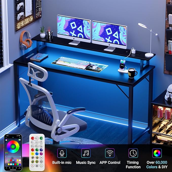 55 inch Computer Desk with Power Outlets, Office Desk Gaming desk with LED Lights, Home Office Desk with Monitor Shelf, Modern Work Desk Study Writing Table for Bedroom, Black - LeafyLoom