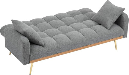 Fabric Teddy Fleece Folding Futon Sofa Bed w/Adjustable Backrests, 2 Seater Tufted Convertible Lounge Couch Recliner Loveseat with Metal Golden Legs for Living Room, Office,Bedroom, Gray 69" - LeafyLoom