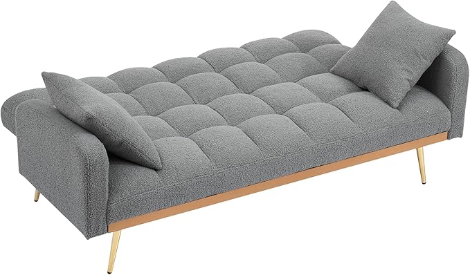 Fabric Teddy Fleece Folding Futon Sofa Bed w/Adjustable Backrests, 2 Seater Tufted Convertible Lounge Couch Recliner Loveseat with Metal Golden Legs for Living Room, Office,Bedroom, Gray 69" - LeafyLoom