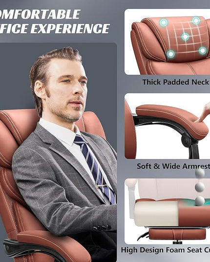 Office Chair, Executive Leather Chair Big and Tall Ergonomic Computer Desk Chair, Comfy Swivel Rolling Reclining Lumbar Support Task Chair with Adjustable High Back Foot Rest for Home Gaming - LeafyLoom