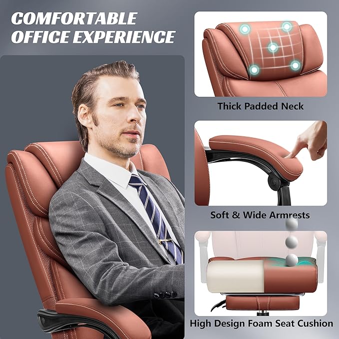 Office Chair, Executive Leather Chair Big and Tall Ergonomic Computer Desk Chair, Comfy Swivel Rolling Reclining Lumbar Support Task Chair with Adjustable High Back Foot Rest for Home Gaming - LeafyLoom