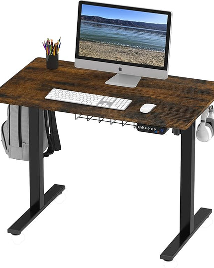 SHW Electric Height Adjustable Desk with Memory Preset, 40 x 24 Inches, Rustic Brown - LeafyLoom