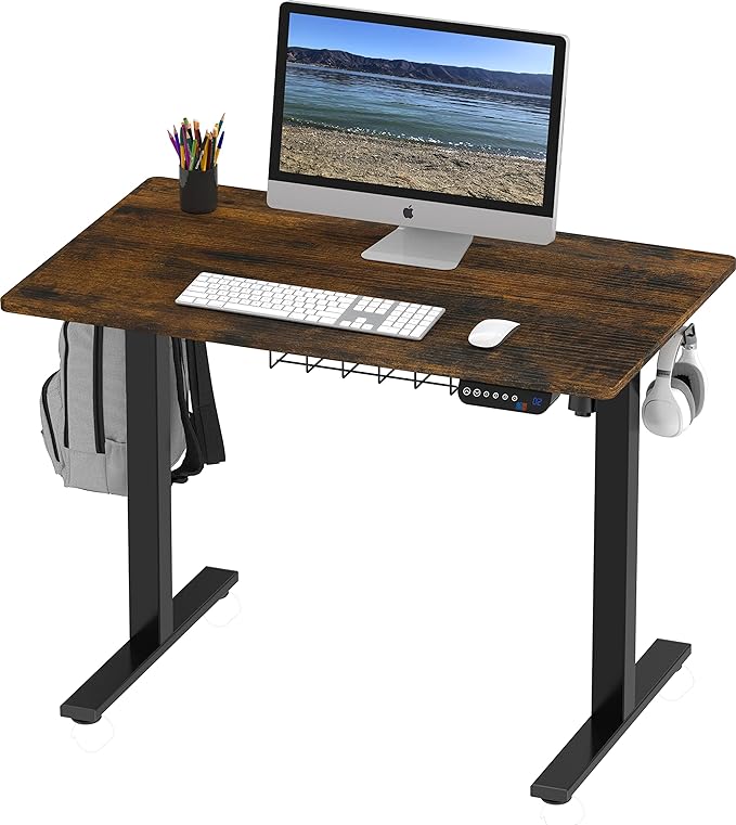 SHW Electric Height Adjustable Desk with Memory Preset, 40 x 24 Inches, Rustic Brown - LeafyLoom