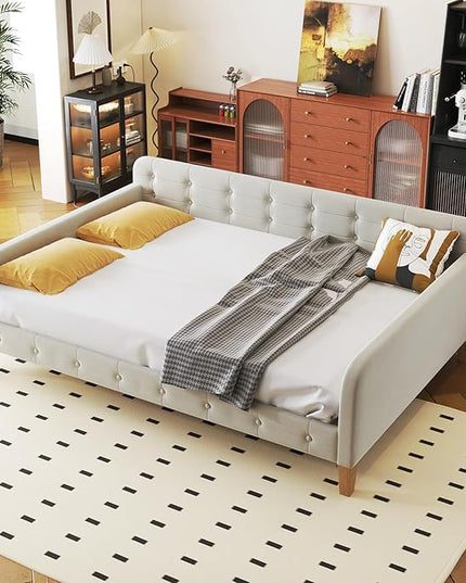 Full Size Velvet Upholstered Dayed with 4 Support Legs,Multifunction Solid Wood Bed Frame,W/A Backrest and Armrests,Easy to Install,for Bedroom Living Room,White - LeafyLoom