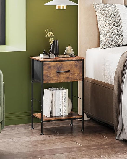 WLIVE Nightstand, Bedside Side Table for Bedroom, Dorm with Steel Frame, Night Stand End Table with Fabric Storage Drawer, Easy Assembly, Rustic Brown Wood Grain Print, 11.8''D 15.8''W 24.9" H - LeafyLoom