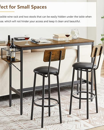 Bar Table and Chairs Set for 2, 3 Pieces Pub Dining Table Set with Collapsible Bottle Holder, 2 Bar Stools PU Upholstery Seat with Backrest for Kitchen, Apartment, Small Space - LeafyLoom