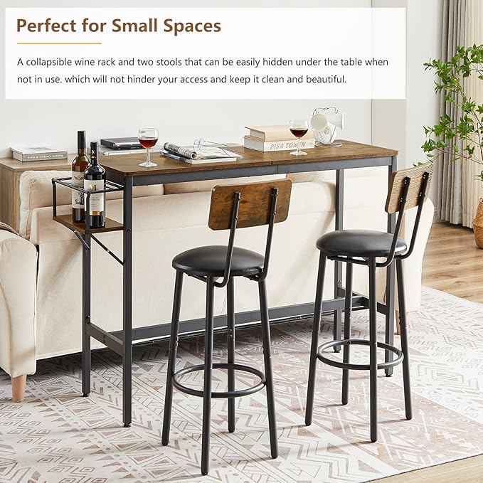 Bar Table and Chairs Set for 2, 3 Pieces Pub Dining Table Set with Collapsible Bottle Holder, 2 Bar Stools PU Upholstery Seat with Backrest for Kitchen, Apartment, Small Space - LeafyLoom