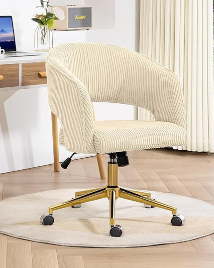 Home Office Chair, Corduroy Swivel Desk Chairs, Modern Computer Chair with Wheels and Gold Base, Comfy Arm Chair for Bedroom, Living Room, Study, Vanity Room, Light Yellow - LeafyLoom