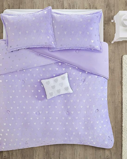 Mi Zone Rosalie Comforter Set for Girls, Ultra-Soft Microlight Plush Metallic Printed Hearts Brushed Reverse Overfilled Down Alternative Hypoallergenic All Season, Full/Queen, Purple/Silver, 4 Piece - LeafyLoom