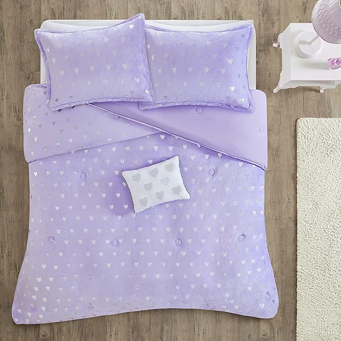 Mi Zone Rosalie Comforter Set for Girls, Ultra-Soft Microlight Plush Metallic Printed Hearts Brushed Reverse Overfilled Down Alternative Hypoallergenic All Season, Full/Queen, Purple/Silver, 4 Piece - LeafyLoom