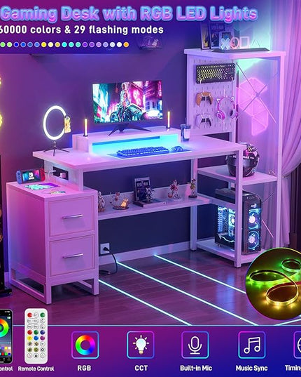 Computer Desk with 2 Fabric Drawers - Reversible Home Office Desk with Power Outlet & LED Lights, 53" Writing Desk with Monitor Stand & Storage Shelves, Gaming Desk Study Table with Pegboard, White - LeafyLoom