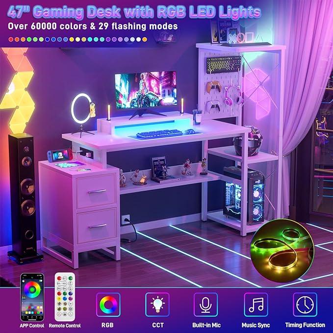 Computer Desk with 2 Fabric Drawers - Reversible Home Office Desk with Power Outlet & LED Lights, 53" Writing Desk with Monitor Stand & Storage Shelves, Gaming Desk Study Table with Pegboard, White - LeafyLoom