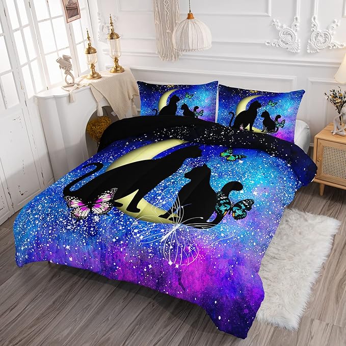 Black Cat Bedding Cartoon Cat Comforter Set Twin,Butterflies Moon Printed Kids Bedding Set for Kids Boys Girls Adults Teens,Kids Comforter Set All Season,1 Quilt 2 Pillow Cases,Blue - LeafyLoom