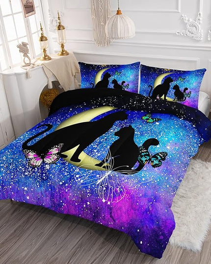 Black Cat Bedding Cartoon Cat Comforter Set Queen,Butterflies Moon Printed Kids Bedding Set for Kids Boys Girls Adults Teens,Kids Comforter Set All Season,1 Quilt 2 Pillow Cases,Blue - LeafyLoom