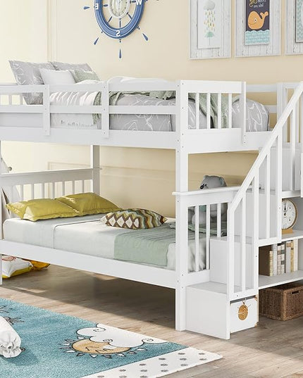 Twin Over Twin Bunk Bed with Storage Stairs, Detachable into Two Platform Bedframe, Wooden Bunkbeds with Staircase, Bedroom Furniture for Kids Teens Adults, White - LeafyLoom