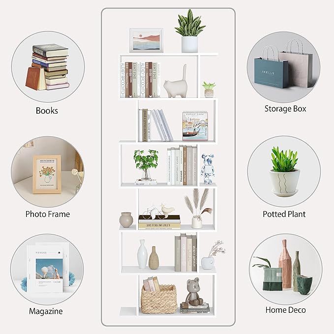 Yusong S Shaped Bookshelf, Modern Geometric Bookcase, 6-Tier White Display Case Book Shelf - LeafyLoom