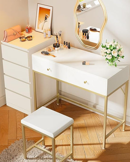 SUPERJARE 35.4" White and Gold Desk with 2 Drawers, Modern Makeup Vanity Desk with Padded Stool, Small Computer Desk Home Office Desk for Writing Study Bedroom - LeafyLoom