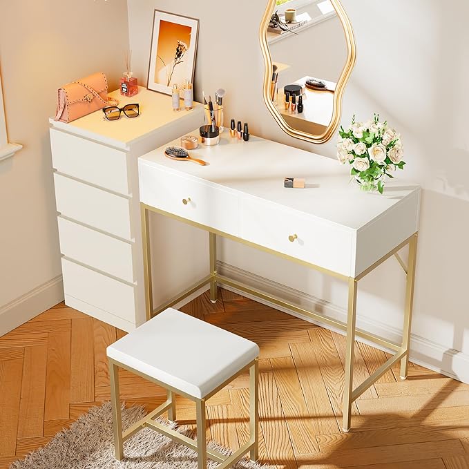 SUPERJARE 35.4" White and Gold Desk with 2 Drawers, Modern Makeup Vanity Desk with Padded Stool, Small Computer Desk Home Office Desk for Writing Study Bedroom - LeafyLoom