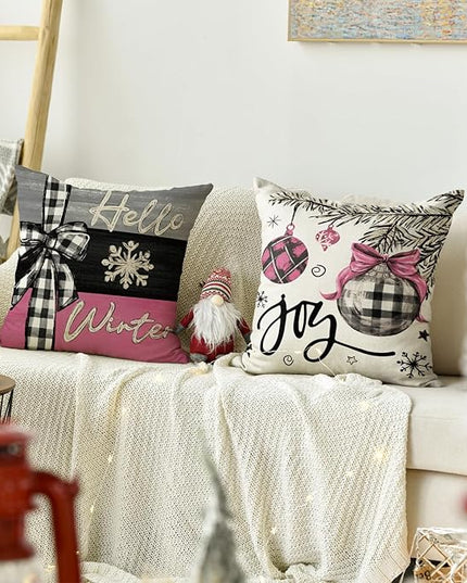 AVOIN colorlife Merry Christmas Joy Xmas Trees Pink Throw Pillow Covers, 18 x 18 Inch Christmas Winter Holiday Cushion Case Decoration for Sofa Couch Set of 4 AVOINcolorlife