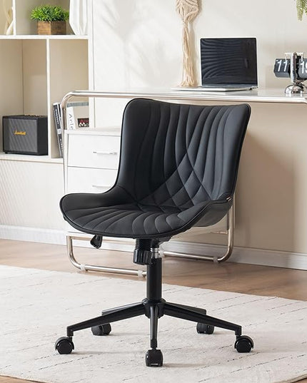 YOUNIKE Office Chair, Armless Desk Chair with Wheels, Home Office Computer Task Chairs, Modern Faux Leather Padded Vanity Chair, Adjustable Swivel Rocking Chair with Back, Black - LeafyLoom