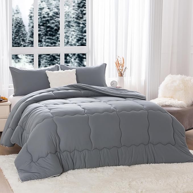 COTTEBED Ultra-Soft Winter King Size Comforter Set, Warm California Cal King Thick Milk Cup Cozy Fully Breathable Bedding 1 Down Alternative with 2 Pillowcase for Winter, Dark Gray - LeafyLoom