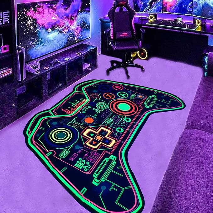 Gaming Rug Teen Boys Carpet Glow in The Blacklight Gamer Rug for Boys Room Playroom Non-Slip Area Rug Kids Boys Girls Game Room Casual Mat (60"x39") - LeafyLoom