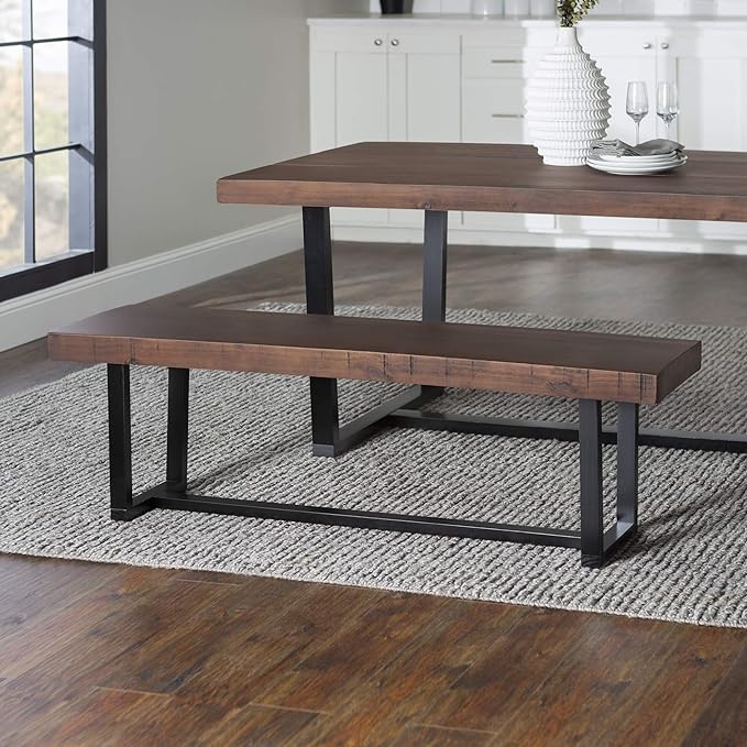 Walker Edison Industrial Farmhouse Wood Entryway Dining Bench Kitchen Table Set Dining Chairs, 60 Inch, Brown - LeafyLoom