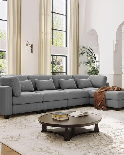 99.6" 5 Pieces L-Shaped Modular Sectional Sofa with Removable Ottomans and Waist Pillows, Modern Corduroy Fabric Upholstered Couch for Living Room, Apartment, Studio, Grey, 99.6 Inch - LeafyLoom