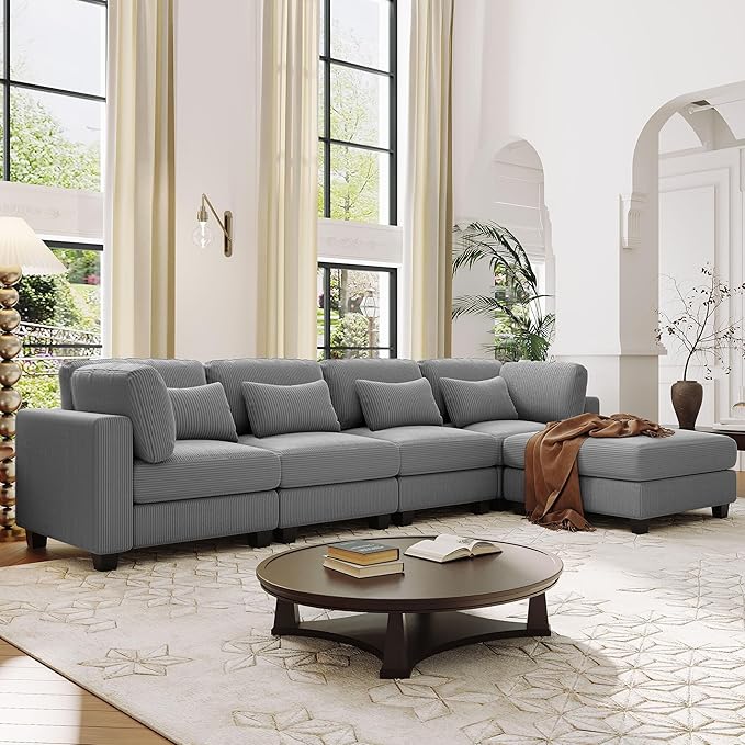 99.6" 5 Pieces L-Shaped Modular Sectional Sofa with Removable Ottomans and Waist Pillows, Modern Corduroy Fabric Upholstered Couch for Living Room, Apartment, Studio, Grey, 99.6 Inch - LeafyLoom