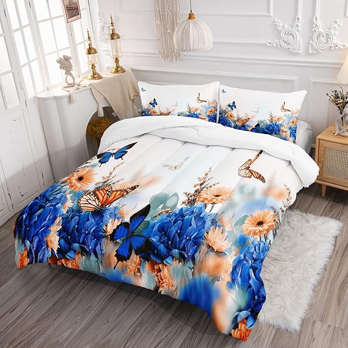CVHOUSE Butterfly Bedding Set,Butterfly Comforter Full,Butterfly Comforter Set for Girls Kids Teens,Butterflies Quilt Set with 1 Comforter and 2 Pillow Cases- 3 Piece - LeafyLoom