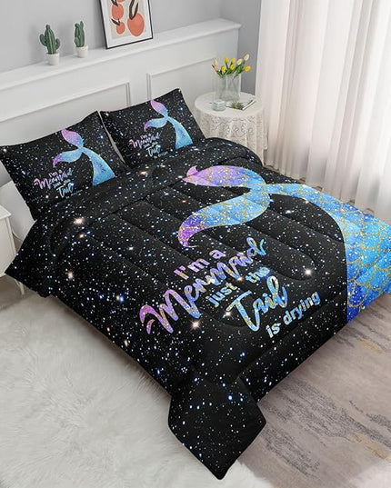 Datura home Bedding Comforter Set Black Starry Sky Mermaid Printed Pattern Quilt with 1 and 2 Pillowcases for Girls Bedroom All Season(Black Full) Full 80x90inches - LeafyLoom