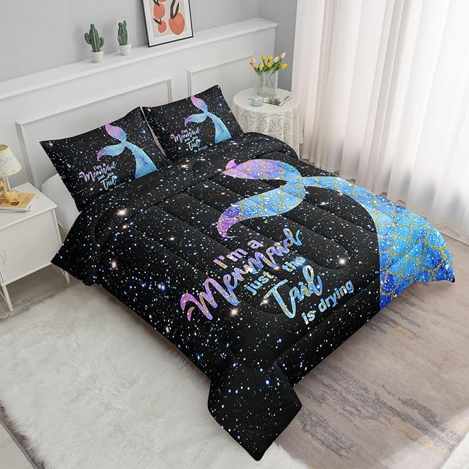Datura home Bedding Comforter Set Black Starry Sky Mermaid Printed Pattern Quilt with 1 and 2 Pillowcases for Girls Bedroom All Season(Black Queen) Queen 90x90inches - LeafyLoom