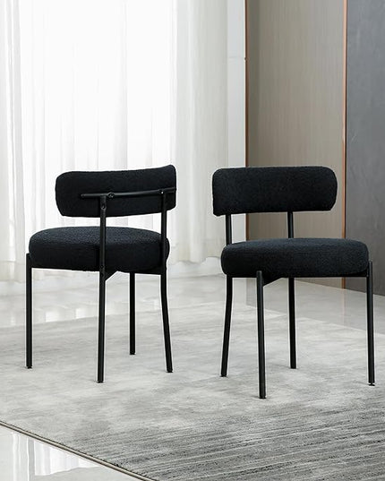 DYHOME Black Dining Chairs Set of 2, Mid-Century Modern Dining Chairs, Kitchen Dining Room Chairs, Curved Backrest Round Upholstered Boucle Sherpa Dining Chair with Black Metal Legs - LeafyLoom
