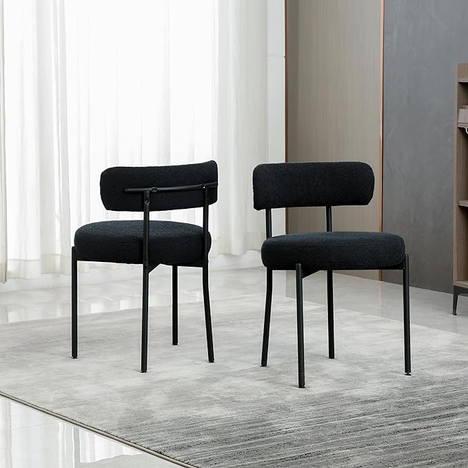 DYHOME Black Dining Chairs Set of 2, Mid-Century Modern Dining Chairs, Kitchen Dining Room Chairs, Curved Backrest Round Upholstered Boucle Sherpa Dining Chair with Black Metal Legs - LeafyLoom