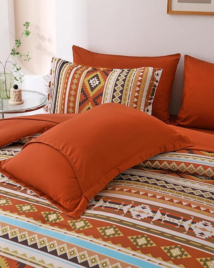 Dinjoy Queen Size Comforter Set Boho,Burn Orange Bed in a Bag Queen Striped Bedding Sets Terracotta Western Comforters with Sheets 7 Pieces Complete Set Aztec for All Seasons 90"x90" - LeafyLoom