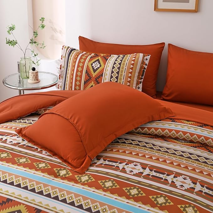 Burn Orange/Terracotta Comforter Set King, Boho Bed in A Bag King Size 7 Pieces Aztec Striped Bedding Set for Women Men Geometric Bohemian Complete Set (90"×104") - LeafyLoom